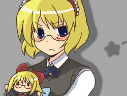 Rule 34 | 1girl, alice margatroid, bespectacled, blonde hair, blue eyes, blush, female focus, frown, glasses, hairband, matching shanghai, ribbon, shanghai doll, short hair, solo, sweater vest, toto (hitori othello), touhou