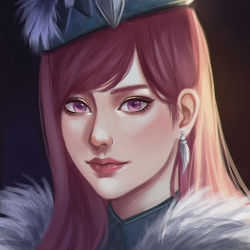 Rule 34 | 1girl, closed mouth, commentary, english commentary, eyelashes, fur collar, hat, lips, long hair, looking at viewer, monster hunter (series), monster hunter, monster hunter: world, original, portrait, purple eyes, red hair, shiro-hane, solo