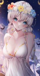 Rule 34 | 1girl, anastasia (fate), anastasia (swimsuit archer) (second ascension) (fate), arms behind back, bare shoulders, blue eyes, blurry, blurry background, blush, braid, breasts, chiachun0621, cleavage, collarbone, depth of field, dress, fate/grand order, fate (series), flower, flower wreath, hair flower, hair ornament, head tilt, head wreath, highres, long hair, looking at viewer, medium breasts, outdoors, parted lips, silver hair, sleeveless, sleeveless dress, solo, star (symbol), star hair ornament, sundress, twin braids, umbrella, very long hair, white dress