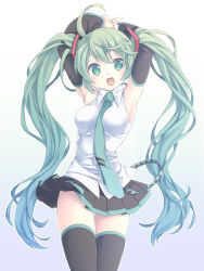 Rule 34 | 1girl, armpits, arms up, bad id, bad pixiv id, detached sleeves, green eyes, green hair, hatsune miku, long hair, matching hair/eyes, necktie, open mouth, shito (ash shito), skirt, solo, thighhighs, twintails, very long hair, vocaloid