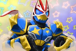 Rule 34 | 1boy, armor, black bodysuit, blue armor, blue background, blue eyes, bodysuit, boxing gloves, brass knuckles, clenched hands, desire driver, finishing move, fox, highres, kamen rider, kamen rider geats, kamen rider geats (series), male focus, miyabi (037), monster buckle, parody, raise buckle, shadow, simple background, solo, star (sky), star (symbol), starry background, tokusatsu, weapon, yellow background