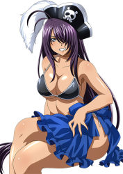 Rule 34 | 00s, 1girl, antenna hair, ass, bare shoulders, bikini, bikini top only, black bikini, black hat, breasts, cleavage, female focus, grin, hair over one eye, hat, ikkitousen, invisible chair, kan&#039;u unchou, large breasts, legs, long hair, looking at viewer, purple hair, simple background, sitting, smile, solo, swimsuit, third-party source, very long hair, white background