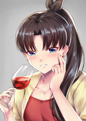 Rule 34 | 1girl, alternate hairstyle, black bow, black hair, blue eyes, bow, collarbone, cup, earrings, fate/stay night, fate (series), hair bow, hair over shoulder, high ponytail, holding, holding cup, jewelry, kelinch1, long hair, looking at viewer, red shirt, shirt, solo, tohsaka rin, upper body, very long hair
