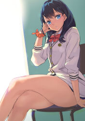 Rule 34 | 1girl, :o, aqua eyes, arm support, bare legs, black hair, bow, bowtie, cardigan, commentary request, crossed legs, feet out of frame, gridman universe, kawaty, legs, long hair, looking at viewer, partial commentary, red bow, red bowtie, scrunchie, sitting, solo, ssss.gridman, takarada rikka, thighs, white cardigan, wrist scrunchie