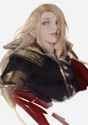 Rule 34 | 1boy, abionicsheep, blonde hair, blue eyes, cropped torso, final fantasy, final fantasy xiv, garlean, highres, long hair, looking at viewer, looking down, male focus, parted lips, portrait, simple background, smile, solo, third eye, white background, zenos yae galvus
