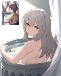 Rule 34 | 1girl, aether (genshin impact), bare back, breasts, character doll, character request, commentary, company connection, completely nude, crossover, english commentary, from behind, genshin impact, grey hair, hair between eyes, highres, honkai: star rail, honkai (series), in water, long hair, looking at viewer, looking back, medium breasts, mihoyo, mockingeu, nude, partially submerged, sideboob, sidelocks, solo, stelle (honkai: star rail), trailblazer (honkai: star rail), trash can, yellow eyes
