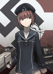 Rule 34 | 10s, 1girl, anchor, beret, brown eyes, brown hair, clothes writing, hat, hetza (hellshock), kantai collection, md5 mismatch, mecha musume, nazi, personification, resized, resolution mismatch, sailor collar, sailor hat, short hair, solo, source smaller, swastika, upscaled, z3 max schultz (kancolle)