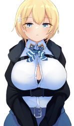 Rule 34 | 1girl, b6 (b6 n2), belt buckle, black bra, black jacket, blonde hair, blue eyes, blue neckwear, blue skirt, bra, bra visible through clothes, bralines, breasts, buckle, button gap, girls&#039; frontline, hair ornament, harness, highres, jacket, lace, lace-trimmed bra, lace trim, large breasts, long sleeves, mole, mole under eye, shirt, shirt tucked in, short hair, simple background, skirt, snap-fit buckle, snowflake hair ornament, solo, unbuttoned, unbuttoned shirt, underwear, upper body, vsk-94 (girls&#039; frontline), white background, white shirt