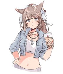Rule 34 | 1girl, animal ears, warrior of light (ff14), blue eyes, blue jacket, breasts, brown hair, bubble tea, cat ears, chocobo, collarbone, cropped jacket, cropped shirt, cup, denim, denim jacket, drinking straw, facial mark, final fantasy, final fantasy xiv, frown, grey skirt, hair ribbon, hand on own hip, head tilt, highres, holding, holding cup, jacket, jewelry, long hair, medium breasts, midriff, miqo&#039;te, necklace, ribbon, shirt, sketch, skirt, solo, tenko (tenkokon), upper body, whisker markings, white ribbon, white shirt