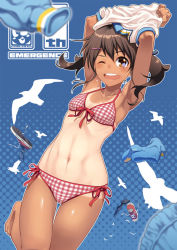 Rule 34 | 1girl, ;d, aoi sora (pairan), armpits, arms up, bare shoulders, barefoot, bikini, bird, black hair, blue background, blurry, blush, breasts, brown eyes, brown hair, clenched hand, clothes lift, converse, crossed arms, depth of field, dutch angle, feet, front-tie bikini top, front-tie top, hair ornament, hair ribbon, hairclip, halftone, halftone background, hip focus, long hair, looking at viewer, navel, one-piece tan, one eye closed, open mouth, original, outline, pairan, pants, plaid, plaid bikini, red bikini, ribbon, ribs, round teeth, seagull, shirt, shirt lift, shoes, short hair, short twintails, shorts, side-tie bikini bottom, silhouette, small breasts, smile, sneakers, socks, solo, swimsuit, tan, tanline, teeth, thigh gap, toned, twintails, undressing, unworn clothes, unworn pants, unworn shoes, unworn shorts, unworn socks, white shirt