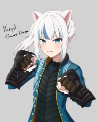 Rule 34 | 1girl, amagamip, animal ears, blue eyes, blue hair, cat ears, cosplay, devil may cry (series), gawr gura, highres, hololive, hololive english, looking at viewer, multicolored hair, open mouth, smile, solo, streaked hair, vergil (devil may cry), vergil (devil may cry) (cosplay), virtual youtuber