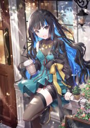 Rule 34 | 1girl, bare shoulders, black hair, black jacket, blue hair, blush, breasts, brown thighhighs, coffee cup, colored inner hair, cup, disposable cup, dress, eyeliner, fate/grand order, fate (series), flower, gabiran, green dress, grey eyes, highres, jacket, jewelry, long hair, long sleeves, looking at viewer, makeup, multicolored hair, necklace, off shoulder, open clothes, open jacket, open mouth, plant, potted plant, sidelocks, small breasts, smile, solo, tenochtitlan (fate), thighhighs, thighs, variant set, wavy hair