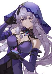 Rule 34 | 1girl, bare shoulders, black gloves, black swan (honkai: star rail), breasts, cleavage, commentary request, covered erect nipples, dress, elbow gloves, gloves, grey eyes, grey hair, honkai: star rail, honkai (series), large breasts, long hair, looking at viewer, parted lips, purple dress, simple background, sleeveless, sleeveless dress, smile, solo, upper body, usamochi., veil, very long hair, white background