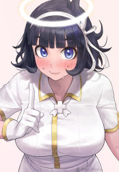 Rule 34 | 1girl, azazel (helltaker), black hair, blue eyes, blunt bangs, blush, breasts, closed mouth, commentary, cross, gloves, hair ribbon, halo, headband, helltaker, highres, index finger raised, large breasts, looking at viewer, nhaliz, nose blush, pink background, ribbon, shirt, short hair, short sleeves, simple background, smile, solo, sweat, wavy mouth, white gloves, white ribbon, white shirt
