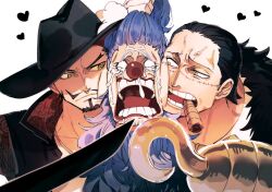 3boys black_hat blue_hair buggy_the_clown cheek_press cigar crocodile_(one_piece) dracule_mihawk facial_hair goatee hair_slicked_back hat heart highres hook male_focus mature_male mckrs multiple_boys mustache one_piece ponytail short_hair snot stitched_face stitches sword tears teeth v-shaped_eyebrows veiny_face weapon white_background yaoi