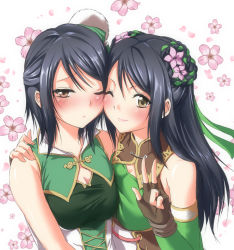 Rule 34 | 2girls, asymmetrical docking, black hair, breast press, brown eyes, cheek-to-cheek, detached sleeves, face-to-face, fingerless gloves, flower, gloves, guan yinping, hair flower, hair ornament, heads together, long hair, multiple girls, one eye closed, shin sangoku musou, shin sangoku musou 7, short hair, smile, upper body, v, wink, xing cai, yamamoto arifred, yuri