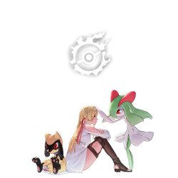 Rule 34 | 1girl, aged down, alternate color, blonde hair, blue eyes, boots, brown footwear, clothing cutout, commentary, creatures (company), crossed arms, crossover, crying, dress, eye contact, final fantasy, final fantasy xiv, from side, full body, game freak, gen 3 pokemon, gen 4 pokemon, hair ribbon, hand on own arm, headpat, hyur, kirlia, knees up, legwear garter, long hair, looking at another, nintendo, poke ball, pokemon, pokemon (creature), potion lilac, premier ball, profile, ribbon, riolu, ryne waters, shiny pokemon, shoulder cutout, simple background, sitting, tears, thigh boots, toeless legwear, white background, white dress