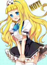 Rule 34 | 10s, 1girl, anya hepburn, apron, blonde hair, blue eyes, blunt bangs, blush, bow, bowtie, clothes pull, copyright name, cowboy shot, dress pull, english text, hairband, long hair, maid, maid apron, ootani mikoto, puffy sleeves, short sleeves, sidelocks, skirt, solo, soul eater not!, suspender skirt, suspenders, thighhighs, wavy mouth, white thighhighs, zettai ryouiki