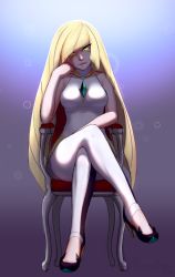 Rule 34 | 10s, 1girl, armchair, blonde hair, breasts, chair, cowboy shot, creatures (company), crossed legs, full body, game freak, hair over one eye, head rest, highres, leggings, licking lips, looking at viewer, lusamine (pokemon), medium breasts, naughty face, nintendo, pokemon, pokemon sm, razalor, sitting, sleeveless, smile, solo, tongue, tongue out