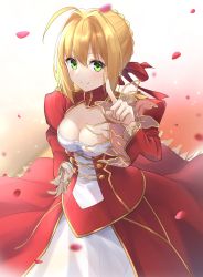 Rule 34 | 1girl, absurdres, ahoge, blonde hair, blush, braid, braided bun, breasts, cleavage cutout, closed mouth, clothing cutout, cowboy shot, dress, epaulettes, fate/extra, fate (series), from above, green eyes, hair between eyes, hair bun, hair intakes, hair ribbon, hand on own hip, highres, index finger raised, juliet sleeves, large breasts, long dress, long sleeves, looking at viewer, narrow waist, nero claudius (fate), nero claudius (fate) (all), nero claudius (fate/extra), petals, puffy sleeves, red dress, ribbon, see-through, see-through dress, sidelocks, solo, tsurupy, wide sleeves