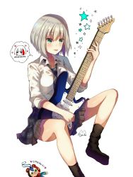 Rule 34 | 1girl, aoba moca, bang dream!, black socks, commentary request, electric guitar, green eyes, grey hair, guitar, instrument, nail, necktie, no shoes, nyacha (tya n ya), pleated skirt, school uniform, shirt, short hair, simple background, sitting, skirt, socks, solo, star (symbol), striped necktie, striped neckwear, thought bubble, white background, white shirt