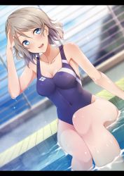 Rule 34 | 10s, 1girl, absurdres, bad id, bad pixiv id, blue eyes, blue one-piece swimsuit, border, breasts, cleavage, competition swimsuit, dutch angle, grey hair, highres, looking at viewer, love live!, love live! sunshine!!, lzl j, medium breasts, one-piece swimsuit, open mouth, poolside, salute, short hair, sitting, smile, solo, swimsuit, watanabe you, water, wet, wet clothes, wet swimsuit