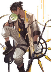 Rule 34 | 1boy, arknights, bag, black footwear, black hair, black shirt, blade, cabbage, dark skin, dark-skinned male, earrings, eating, gloves, handbag, highres, holding, holding weapon, invisible chair, jewelry, male focus, manjyufroth, necklace, pants, shirt, sitting, thorns (arknights), weapon, white background, white gloves, white pants