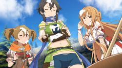 Rule 34 | 10s, 3girls, asuna (sao), black hair, blue scarf, blue shorts, brown hair, cleaned, cloud, cloudy sky, collarbone, cream, cream on face, crop top, day, closed eyes, food, food on face, from below, game cg, hair ornament, hair ribbon, long hair, midriff, multiple girls, navel, official art, one eye closed, outdoors, red eyes, ribbon, scarf, short hair with long locks, short shorts, shorts, sidelocks, silica, sinon, sinon (sao:hf), sky, stomach, sword art online, sword art online: hollow realization, twintails, white ribbon