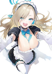 Rule 34 | 1girl, absurdres, apron, asuna (blue archive), black choker, black dress, blue archive, blue eyes, blue halo, blush, breasts, choker, cleavage, dress, frilled apron, frills, gloves, halo, highres, large breasts, light brown hair, long hair, looking at viewer, maid, maid apron, maid headdress, mole, mole on breast, open mouth, short sleeves, simple background, smile, solo, thighhighs, white apron, white background, white gloves, white thighhighs, yanyo (ogino atsuki)