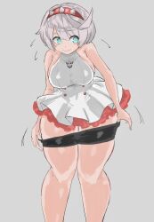 Rule 34 | ahoge, aqua eyes, artist request, black leggings, breasts, dress, elphelt valentine, frilled dress, frills, guilty gear, guilty gear strive, hairband, highres, huge ahoge, large breasts, leggings, motion lines, simple background, spiked hairband, spikes, thick thighs, thighs, undressing, white background, white dress