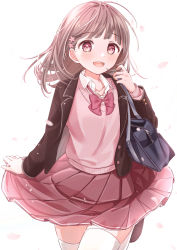 Rule 34 | 1girl, :d, absurdres, bag, black jacket, blazer, blunt bangs, blush, bow, bowtie, brown eyes, brown footwear, brown hair, buntason (buritarooooo), collarbone, commentary request, hair ornament, hairclip, highres, holding, holding bag, jacket, loafers, long sleeves, medium hair, open clothes, open jacket, open mouth, original, pink bow, pink bowtie, pink eyes, pink skirt, pink sweater, pink theme, school bag, school uniform, shirt, shoes, simple background, skirt, smile, sweater, thighhighs, uniform, white background, white shirt, white thighhighs, zettai ryouiki