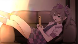 Rule 34 | 1girl, black necktie, brown hair, cellphone, checkered clothes, checkered skirt, collared shirt, couch, hat, highres, himekaidou hatate, holding, holding phone, indoors, kneehighs, medium hair, necktie, open mouth, phone, pointy ears, purple eyes, purple hat, shirt, short sleeves, shundou heishirou, skirt, socks, solo, teeth, tokin hat, touhou, twintails, upper teeth only, white shirt