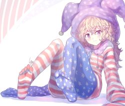 Rule 34 | 1girl, adapted costume, american flag hoodie, american flag pants, american flag print, blonde hair, blush, closed mouth, clownpiece, hair between eyes, hat, highres, hood, hoodie, jester cap, long hair, long sleeves, looking at viewer, messy hair, multicolored background, no shoes, pants, pink background, pink eyes, polka dot, print pants, puffy long sleeves, puffy sleeves, purple background, purple hat, red background, signature, sitting, smile, solo, star (symbol), star print, starry background, striped background, striped clothes, striped hoodie, striped pants, sunnysideup, touhou, white background