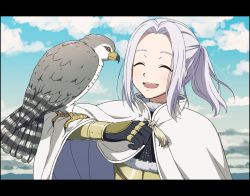 Rule 34 | 1boy, ^ ^, animal on arm, arslan, arslan senki, bird, bird on arm, blue sky, cape, closed eyes, cloud, day, closed eyes, letterboxed, male focus, matsuki (mikipingpong), open mouth, ponytail, sky, smile, solo, upper body, white hair