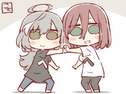 Rule 34 | 2girls, ahoge, artist name, assault lily, barefoot, black pants, black shirt, blue pants, blush, brown background, chibi, closed mouth, clothes writing, commentary request, full body, gochisousama (tanin050), green eyes, grey hair, hair between eyes, hands up, hatsukano you, heart hands failure, long hair, long shirt, looking at viewer, medium hair, mimura haruka, multicolored hair, multiple girls, natsume aimi, no pupils, open mouth, outstretched arms, pants, photo-referenced, red hair, sasaki ran, shirt, short sleeves, smile, standing, streaked hair, thumbs up, translated, two-tone background, voice actor connection, white background, white shirt, yellow eyes