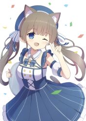 Rule 34 | 1girl, absurdres, animal ear fluff, animal ears, blue eyes, blush, bow, breasts, brown hair, cat ears, cat girl, cat tail, cleavage, confetti, detached sleeves, dress, fang, hat, hat ribbon, highres, holding, holding tray, index finger raised, indie virtual youtuber, itigori ena, long hair, looking at viewer, medium breasts, mole, mole under eye, one eye closed, open mouth, ribbon, skin fang, smile, solo, tail, tray, twintails, tyakomis, very long hair, virtual youtuber
