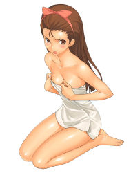 Rule 34 | 00s, 1girl, a1 (initial-g), barefoot, blush, bow, breasts, brown eyes, brown hair, cleavage, covering privates, hair bow, hairband, headband, idolmaster, idolmaster (classic), idolmaster 1, minase iori, naked towel, nude cover, open mouth, pink bow, seiza, sitting, solo, towel