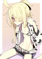 Rule 34 | 1girl, ahoge, airi (ogami kazuki), animal print, bikini, blonde hair, blush, commentary request, cow print, flat chest, glasses, hair over one eye, highres, hood, hoodie, loose bikini, navel, ogami kazuki, open clothes, open hoodie, original, outside border, partially visible vulva, pointy ears, ponytail, red eyes, ribs, rimless eyewear, side-tie bikini bottom, skinny, solo, swimsuit