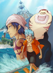 Rule 34 | 3boys, aged down, bandana, barefoot, beard, blue hair, brothers, child, city, cutty flam, death, dual persona, facial hair, family, fat, fat man, franky (one piece), frown, goggles, highres, iceburg, male focus, monster boy, multiple boys, ocean, one piece, open clothes, open shirt, railroad tracks, sea train, shadow, shirt, siblings, silhouette, tattoo, tom (one piece), train, walking, water 7, white hair