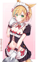 Rule 34 | 1girl, absurdres, alternate costume, animal ears, apron, blonde hair, cowboy shot, enmaided, gloves, gradient background, green eyes, hair between eyes, highres, holding, holding tray, horse ears, horse girl, horse tail, little cocon (umamusume), looking at viewer, maid, maid apron, maid headdress, navel, pizza (pizzania company), puffy short sleeves, puffy sleeves, short hair, short sleeves, solo, tail, tray, two-tone background, umamusume, white apron, white gloves, wrist cuffs