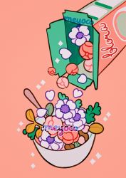 Rule 34 | artist name, bowl, cereal box, flower, heart, leaf, meyoco, no humans, original, petals, pink background, pink flower, simple background, sparkle, spoon, white flower