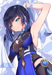 Rule 34 | 1girl, absurdres, armpits, asymmetrical gloves, black gloves, blue eyes, blue hair, breasts, diagonal bangs, elbow gloves, from below, fur-trimmed jacket, fur trim, genshin impact, gloves, highres, jacket, large breasts, looking down, marshmallows, smile, solo, thighhighs, vision (genshin impact), white gloves, white jacket, yelan (genshin impact)
