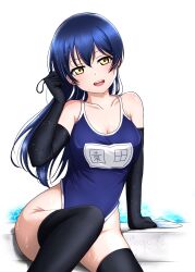 Rule 34 | 1girl, absurdres, black gloves, black thighhighs, blue hair, blue one-piece swimsuit, breasts, cleavage, commentary request, competition school swimsuit, cowboy shot, elbow gloves, gloves, highleg, highleg swimsuit, highres, long hair, looking at viewer, love live!, love live! school idol project, medium breasts, name tag, noochan chonoda, one-piece swimsuit, open mouth, school swimsuit, sitting, solo, sonoda umi, swept bangs, swimsuit, teeth, thighhighs, upper teeth only, wet, wet clothes, wet swimsuit, white background, yellow eyes