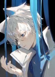 Rule 34 | 1boy, animal ears, blue eyes, coat, commentary request, glasses, hand up, highres, looking at hand, male focus, mizumi zumi, original, parted lips, short hair, solo, upper body, wet, white coat, white hair