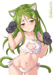 Rule 34 | 1girl, alternate costume, animal ears, animal hands, blush, breasts, cat cutout, cat ear panties, cat ears, cat lingerie, cat tail, clothing cutout, comic, crescent, crescent hair ornament, crescent pin, ebifurya, gloves, green eyes, green hair, hair ornament, highres, kantai collection, long hair, looking at viewer, meme attire, nagatsuki (kancolle), navel, panties, paw gloves, paw pose, simple background, small breasts, solo, tail, underwear, white background