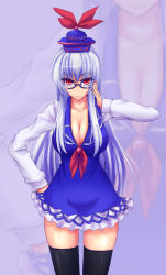 Rule 34 | 1girl, adjusting eyewear, asa inu, bad id, bad pixiv id, bespectacled, blue hair, breasts, cleavage, female focus, glasses, hand on own hip, hip focus, kamishirasawa keine, long hair, red eyes, silver hair, solo, thighhighs, touhou, zoom layer
