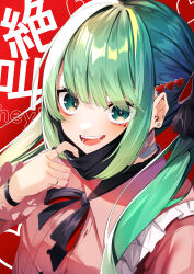 Rule 34 | 1girl, :d, absurdres, black bow, bow, center frills, collared shirt, commentary, dress shirt, ear piercing, earrings, facial mark, fangs, frills, green eyes, green hair, hair bow, hair ornament, hatsune miku, heart, heart hair ornament, highres, jewelry, long hair, long sleeves, looking at viewer, mask, mask pull, mouth mask, open mouth, piercing, pink shirt, red background, shirt, smile, solo, suisen-21, text background, twintails, upper body, vampire (vocaloid), vocaloid
