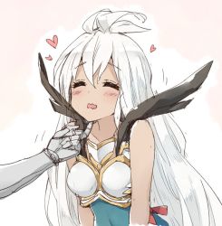 Rule 34 | 10s, 1girl, ahoge, armor, blush, dark-skinned female, dark skin, closed eyes, granblue fantasy, hand on another&#039;s chin, headpat, heart, kani biimu, long hair, open mouth, simple background, solo, solo focus, stroking another&#039;s chin, uncommon stimulation, wavy mouth, white hair, zooey (granblue fantasy)