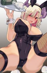 Rule 34 | 1girl, animal ears, ass, bad id, bad twitter id, bottle, breasts, cleavage, cup, dragon girl, fake animal ears, fang, fishnet thighhighs, fishnets, highres, horns, large breasts, leotard, open mouth, playboy bunny, r project, rabbit ears, red eyes, seihekiog, short hair, skin fang, solo, spill, spread legs, thighhighs, tray, tsuzura amo, virtual youtuber, wet, wrist cuffs
