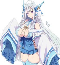Rule 34 | 1girl, absurdres, ahoge, animal ears, blue theme, breasts, character request, cleavage, dated, highres, kichihachi, large breasts, long hair, looking at viewer, purple eyes, simple background, sleeves past fingers, sleeves past wrists, solo, standing, thick eyebrows, thighs, twitter username, virtual youtuber, white background, white hair, white sleeves, wide sleeves